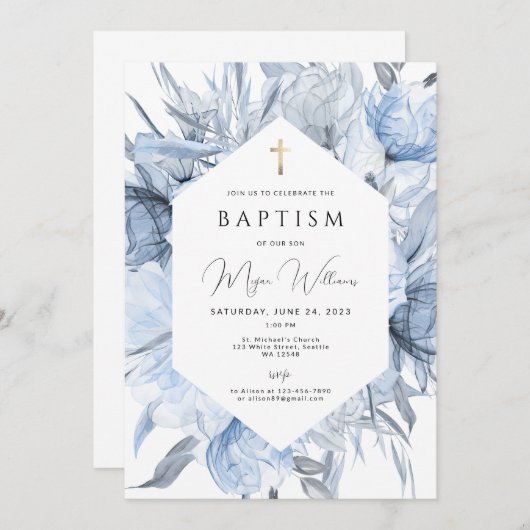 金ゴールドエレガントクロスとピールの女の子バプテススインビタティ 招待状 (正面/裏面)