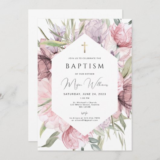 金ゴールドエレガントクロスとピールの女の子バプテススインビタティ 招待状 (正面/裏面)