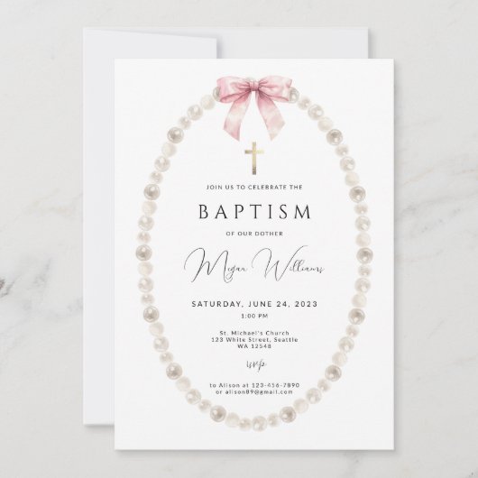 金ゴールドエレガントクロスとピールの女の子バプテスマ 招待状 (正面)