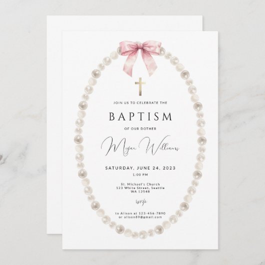 金ゴールドエレガントクロスとピールの女の子バプテスマ 招待状 (正面/裏面)