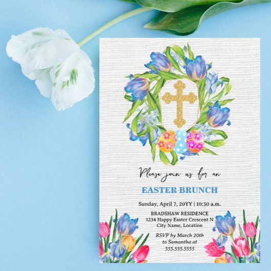 金ゴールドエレガントクロスイースターエッグチューリップ 招待状