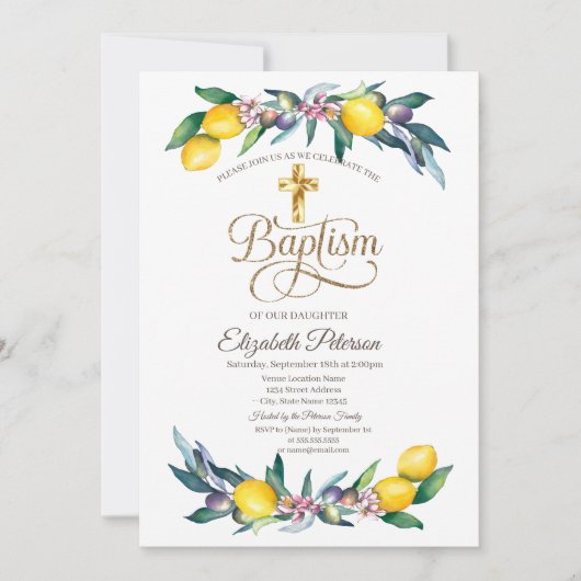 金ゴールドエレガントクロスウォーター色レモンオリーブ 招待状 (正面)