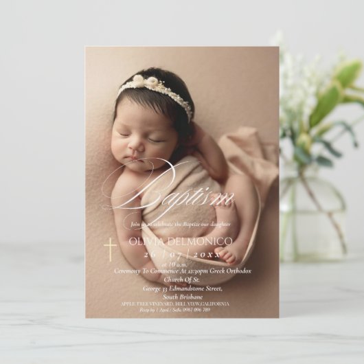 金ゴールドエレガントクロスオーバーレイ写真バプテスマ 招待状 (スタンド正面)