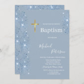 金ゴールドエレガントクロスバプテスダスティブルーグリッター 招待状 (正面/裏面)