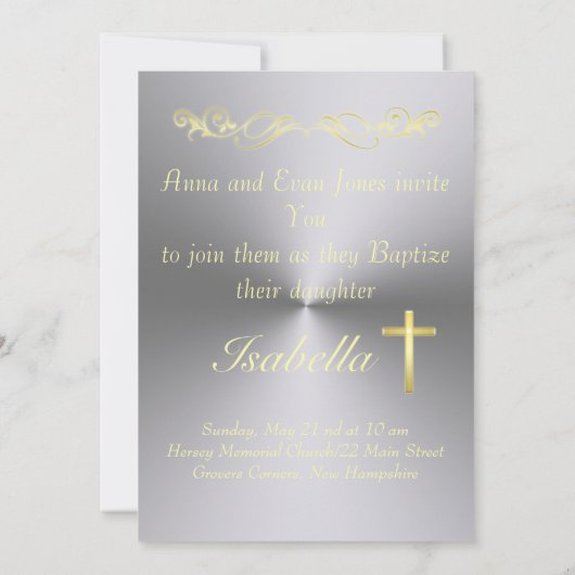 金ゴールドエレガントクロスバプテスマの金属背景Inv 招待状 (裏面)