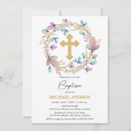 金ゴールドエレガントクロスバプテスマフローラ 招待状