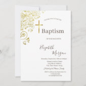 金ゴールドエレガントクロスバプテスマ金ゴールドフローラレース 招待状 (正面)