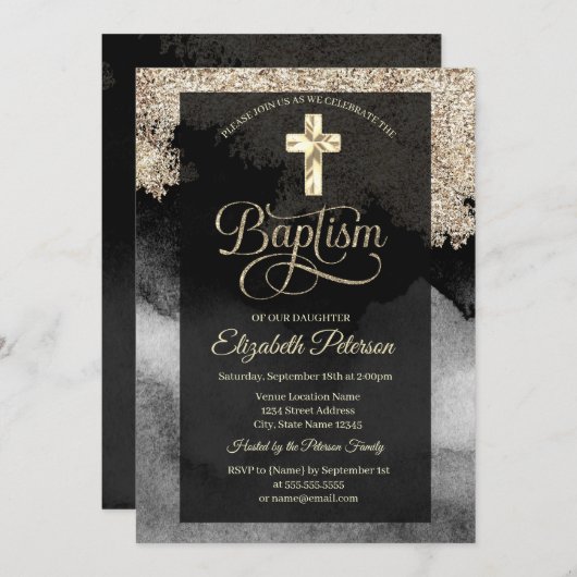 金ゴールドエレガントクロスバプテスマ 招待状 (正面/裏面)