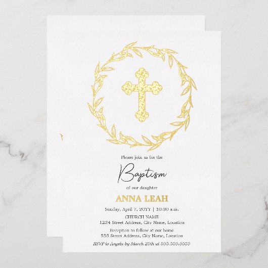金ゴールドエレガントクロスバプテスマ 箔招待状 (正面/裏面)