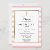 金ゴールドエレガントクロスピンクストライプバプテスマ《キリスト教》洗礼式や命名式 招待状 (正面)