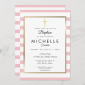 金ゴールドエレガントクロスピンクストライプバプテスマ《キリスト教》洗礼式や命名式 招待状 (正面/裏面)