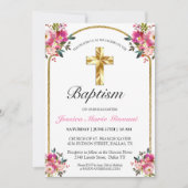 金ゴールドエレガントクロスピンクフローラガールバプテスマ 招待状 (正面)