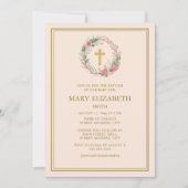 金ゴールドエレガントクロスピンクフローラベビーガールバプテスマ 招待状 (正面)