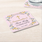 金ゴールドエレガントクロスピンクフローラ第1聖餐式 スクエアペーパーコースター (アングル)