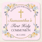 金ゴールドエレガントクロスピンクフローラ第1聖餐式 スクエアペーパーコースター (正面)