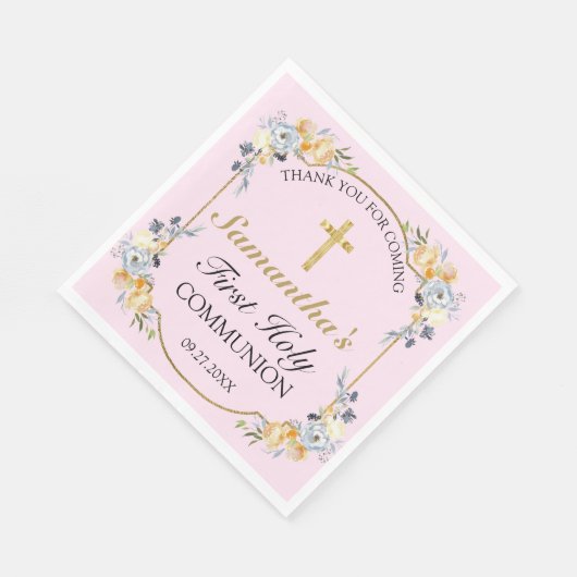 金ゴールドエレガントクロスピンクフローラ第1聖餐式 スタンダードランチョンナプキン (角)