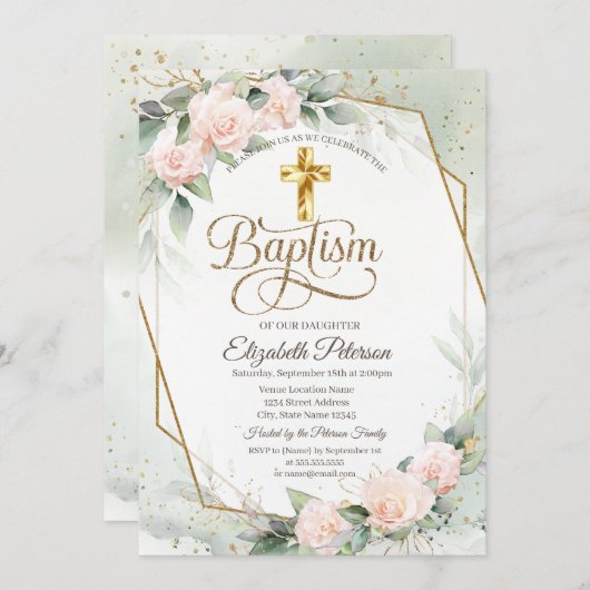 金ゴールドエレガントクロスピンクローズバプテスマ 招待状 (正面/裏面)