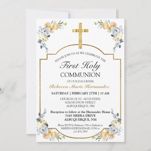 金ゴールドエレガントクロスフローラ第1聖餐式 招待状 (正面)