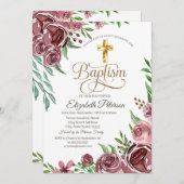 金ゴールドエレガントクロスブルゴーニュバラバプテスマ 招待状 (正面/裏面)