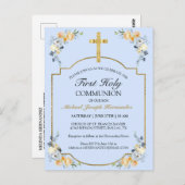 金ゴールドエレガントクロスブルーフローラ第1聖餐式 ポストカード (正面/裏面)