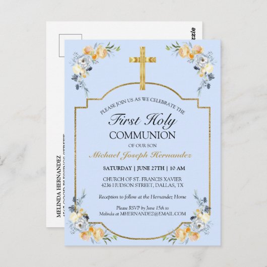 金ゴールドエレガントクロスブルーフローラ第1聖餐式 ポストカード (正面/裏面)