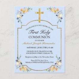 金ゴールドエレガントクロスブルーフローラ第1聖餐式 ポストカード