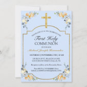金ゴールドエレガントクロスブルーフローラ第1聖餐式 招待状 (正面)