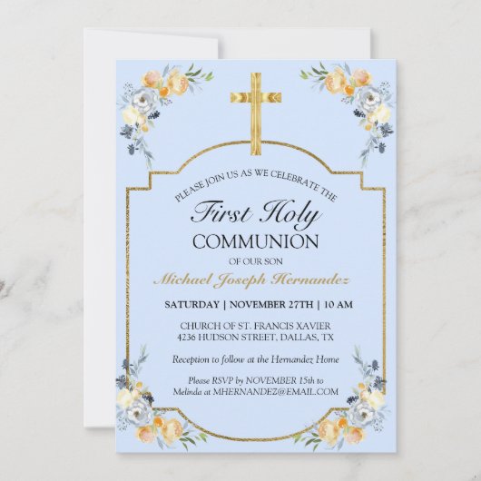 金ゴールドエレガントクロスブルーフローラ第1聖餐式 招待状 (正面)