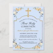 金ゴールドエレガントクロスブルーフローラ第1聖餐式 招待状 (正面)