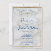 金ゴールドエレガントクロスボーイブルーホワイトマーブルバプテスマ 招待状 (正面)
