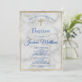 金ゴールドエレガントクロスボーイブルーホワイトマーブルバプテスマ 招待状 (スタンド正面)