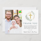 金ゴールドエレガントクロスユーカリ写真バプテスマ サンキューカード (正面)