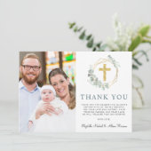 金ゴールドエレガントクロスユーカリ写真バプテスマ サンキューカード (スタンド正面)