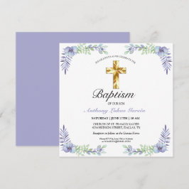 金ゴールドエレガントクロスラベンダーボーイバプテスマ招待状 カード