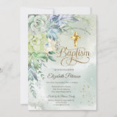 金ゴールドエレガントクロス多汁グリーンバプテスマ 招待状 (正面)