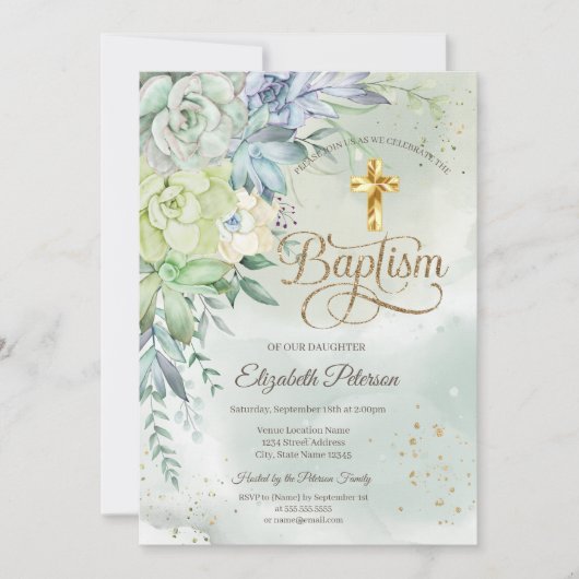 金ゴールドエレガントクロス多汁グリーンバプテスマ 招待状 (正面)