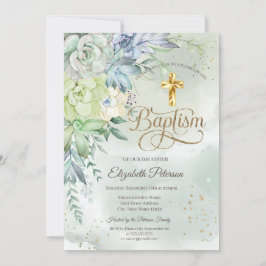 金ゴールドエレガントクロス多汁グリーンバプテスマ 招待状