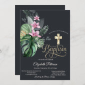 金ゴールドエレガントクロス熱帯花ダークバプテスマ 招待状 (正面/裏面)
