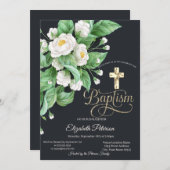金ゴールドエレガントクロス白い花バプテスマ 招待状 (正面/裏面)