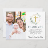 金ゴールドエレガントクロス緑の写真コラージバプテスマ サンキューカード (正面)