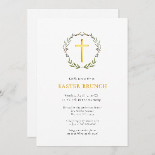 金ゴールドエレガントクロス&リースイースターブランチ 招待状 (正面/裏面)