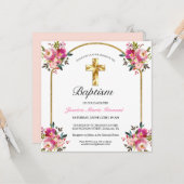 金ゴールドエレガントクロスPInkフローラバプテスマ招待状 カード (正面/裏面インサイチュ)