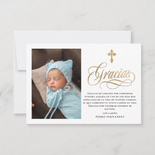 金ゴールドエレガントグラシアススペインのバプテスマ サンキューカード (正面)