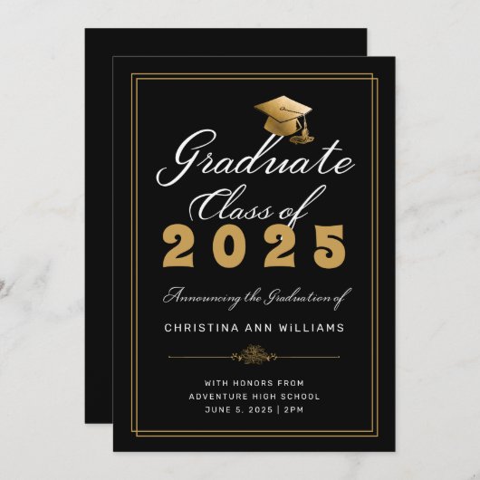 金ゴールドエレガントグラッドキャップフレームブラック2024卒業 案内状 (正面/裏面)
