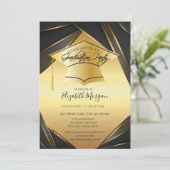金ゴールドエレガントグラッドキャップブラック金ゴールド卒業 招待状 (スタンド正面)