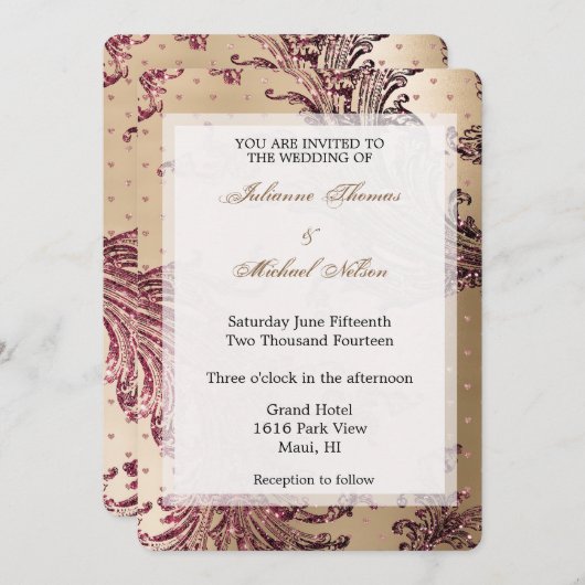 金ゴールドエレガントグラムブルゴーニュハート結婚ズ 招待状 (正面/裏面)