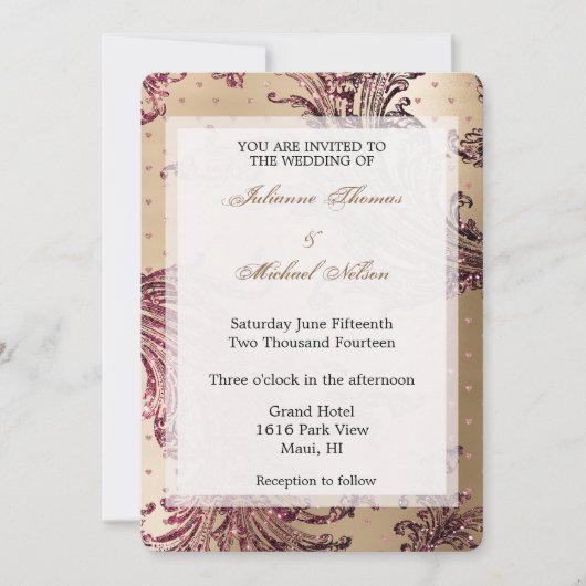 金ゴールドエレガントグラムブルゴーニュハート結婚ズ 招待状 (正面)