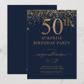 金ゴールドエレガントグリッターおもしろいネイビー50th誕生日パーティー 招待状 (正面/裏面)