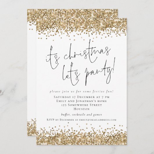 金ゴールドエレガントグリッターのクリスマスプレゼントパーティー 招待状 (正面/裏面)