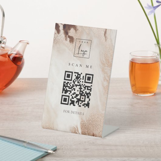 金ゴールドエレガントグリッターアゲート大理石QRコードロゴ 台座サイン (インサイチュ)